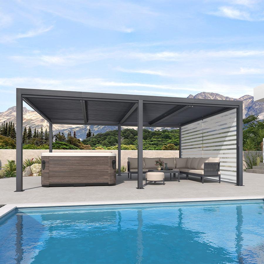 PURPLE LEAF Athena Louvered Pergola Grey Outdoor Aluminum Pergola with Roller Blind Adjustable Gazebo for Patio Deck Garden