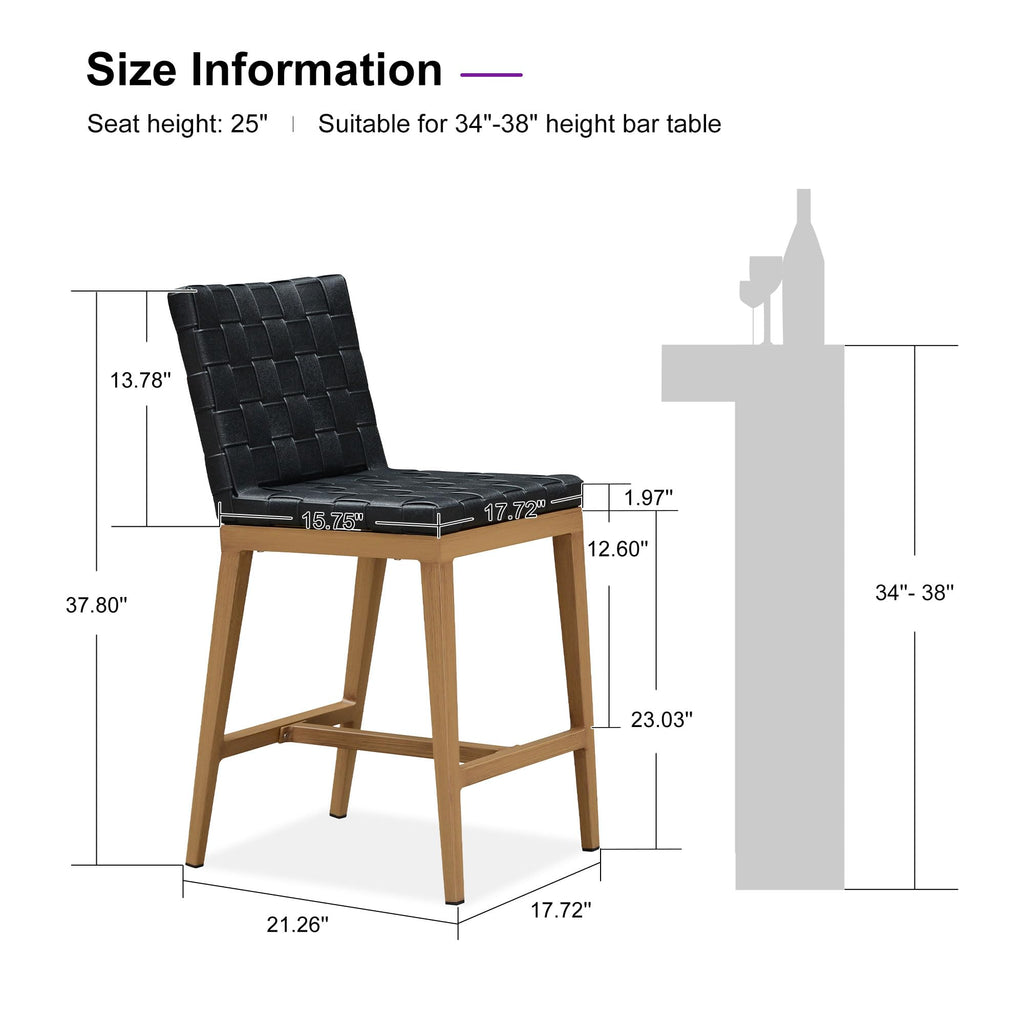 PURPLE LEAF Outdoor Counter Height Stools Set of 2, PU Leather Patio Bar Set with Aluminum Frame, Bar Chairs for Poolside, Garden, Kitchen Island