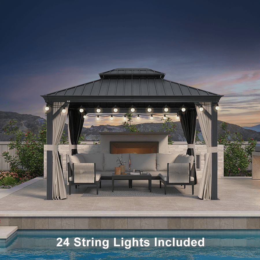 PURPLE LEAF Outdoor Hardtop Gazebo for Patio Grey Aluminum Frame Pavilion with Khaki curtains and String Lights