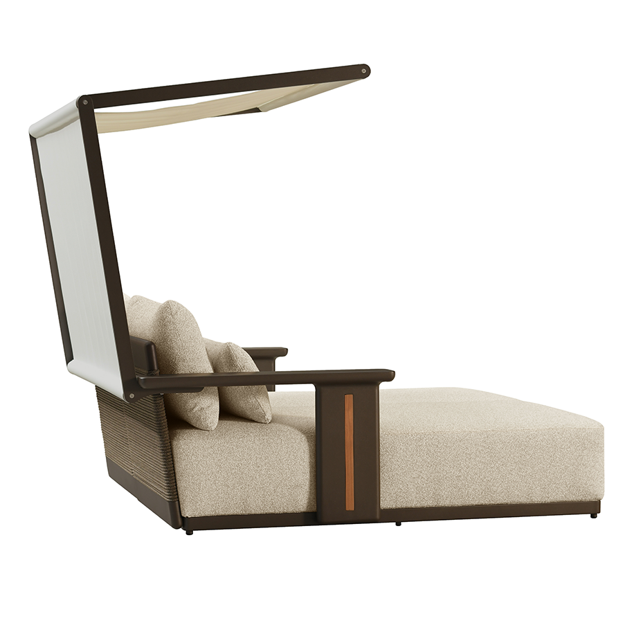 PURPLE LEAF Luxury Double Chaise Lounge Chair Outdoor Premium Aluminum Lounger with Teak Trim Armrest and 4 Pillows Modern Daybed with Textilene Canpoy for Pool Backyard Deck Garden