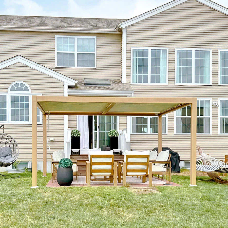 PURPLE LEAF Caesar Louvered Pergola Outdoor Wood Grain Aluminum Pergola with Adjustable Roof Patio Hardtop Gazebo for Backyard Garden