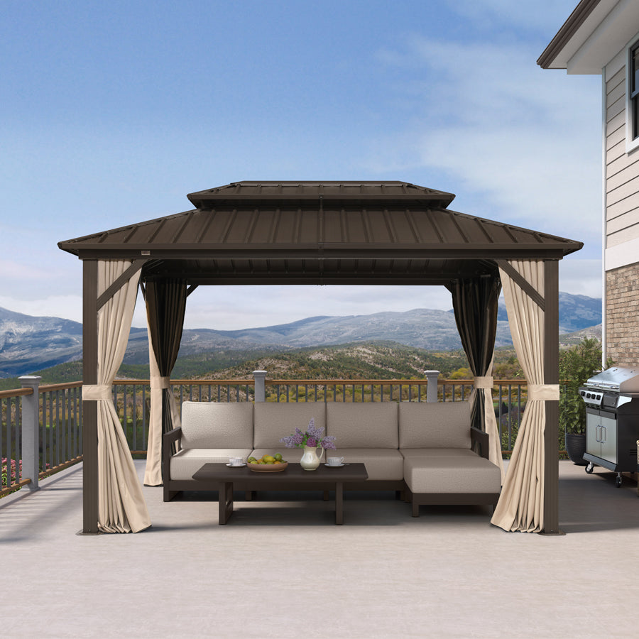PURPLE LEAF Hardtop Gazebo Featuring Galvanized Steel Double Roof and Bronze Aluminum Frame with Curtains and Netting for Backyard with Lights-milky