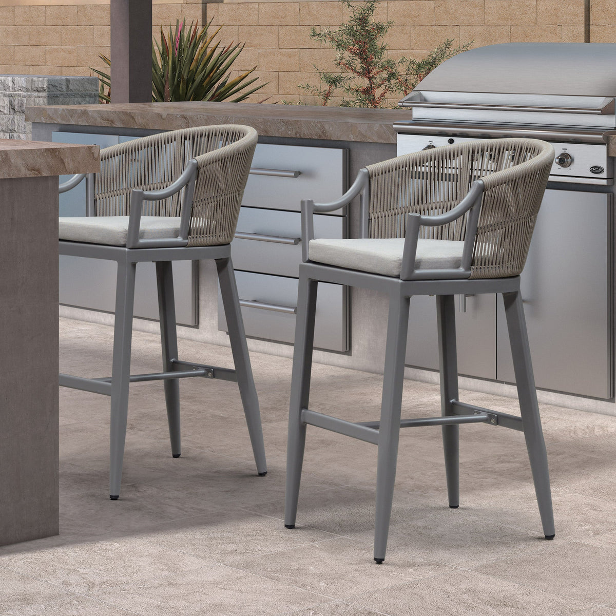 PURPLE LEAF Patio Bar Stools Set of 2 Outdoor Wicker Modern High Bar Chairs Metal Cushioned Barstools with Backs and Ergonomic Armrest