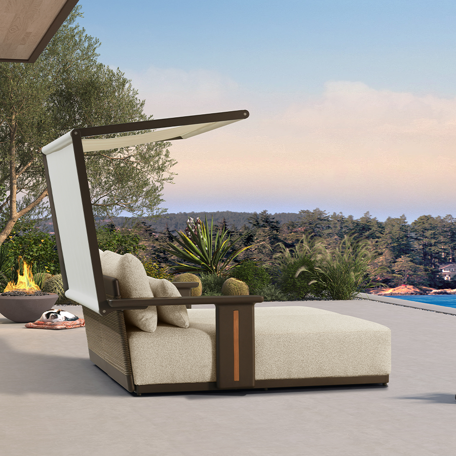 PURPLE LEAF Luxury Double Chaise Lounge Chair Outdoor Premium Aluminum Lounger with Teak Trim Armrest and 4 Pillows Modern Daybed with Textilene Canpoy for Pool Backyard Deck Garden