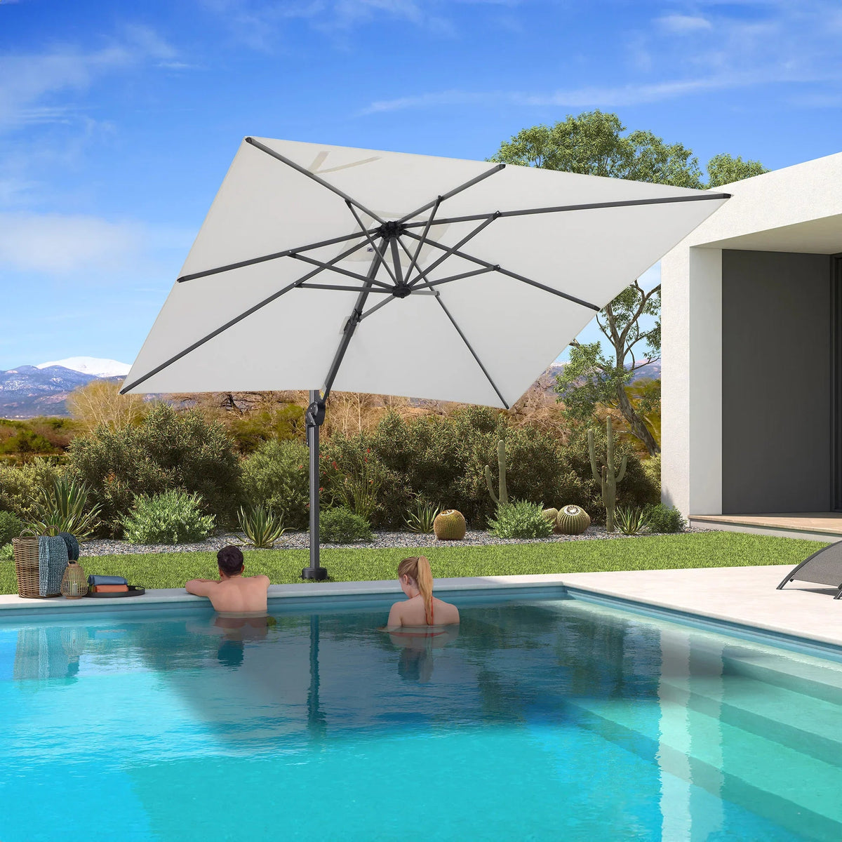 PURPLE LEAF Pool Umbrella Outdoor Cantilever Umbrella with In-ground Base