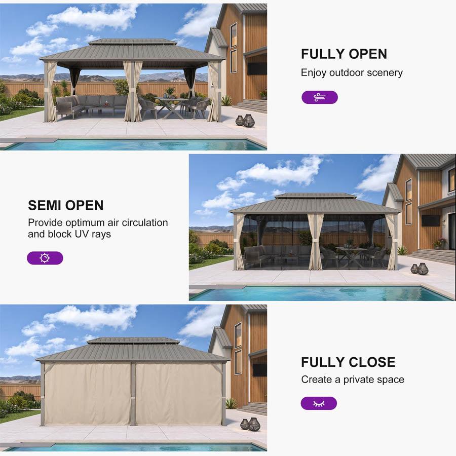 PURPLE LEAF Deck Gazebo Champagne Hardtop Metal Frame Double Roof with Curtains and Netting with Lights-milky