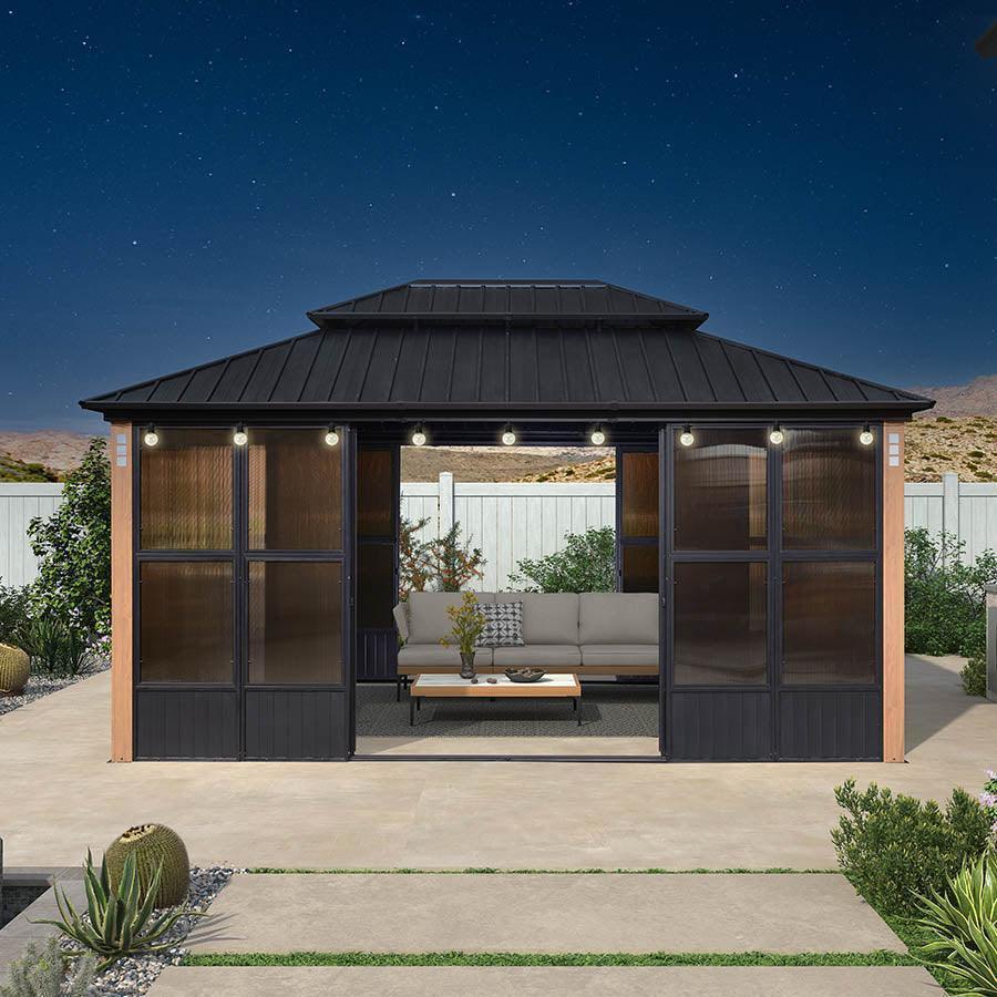 PURPLE LEAF Sunroom Hardtop Gazebo with Wood Grain Columns Black Frame Double Roof Galvanized Steel Solarium All-Weather Screen House with String Lights