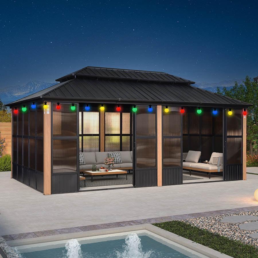 PURPLE LEAF Sunroom Hardtop Gazebo with Wood Grain Columns Black Frame Double Roof Galvanized Steel Solarium All-Weather Screen House with String Lights