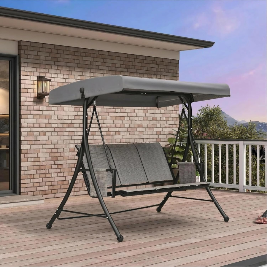 PURPLE LEAF Porch Swing with Adjustable Tilt Canopy Patio Swing with Stand and Meatl Steel Frame All-Weather Outdoor Swing Chair Seat Space-Saving for Backyard Garden Deck
