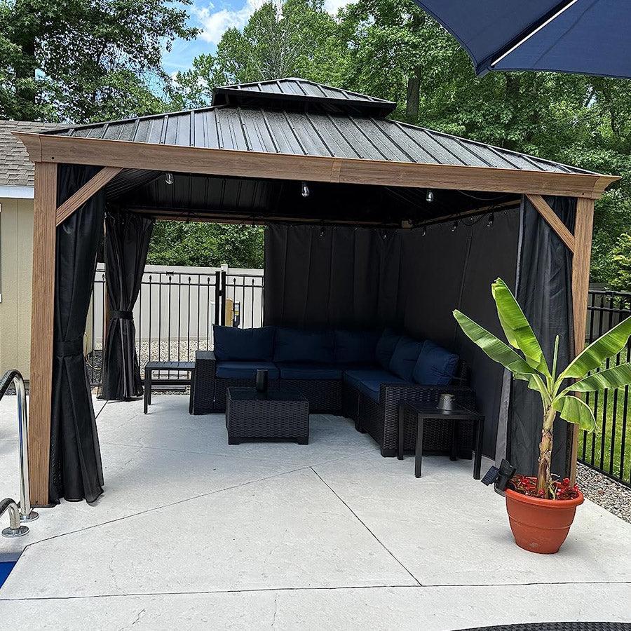 PURPLE LEAF Hardtop Gazebo for Patio Wood Grain Aluminum Frame Awning with String Lights-milky