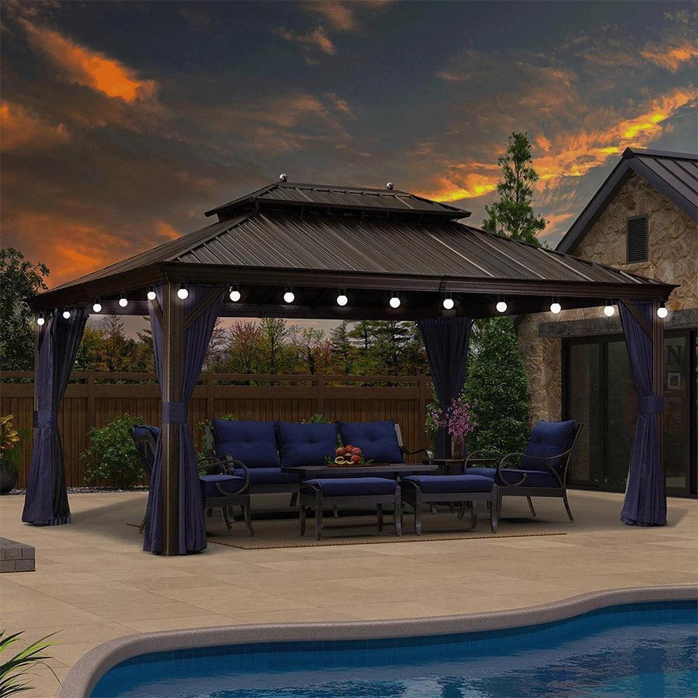 PURPLE LEAF Outdoor Hardtop Gazebo for Patio Bronze Aluminum Frame Pavilion with Navy-Blue Curtain and String Lights-clear