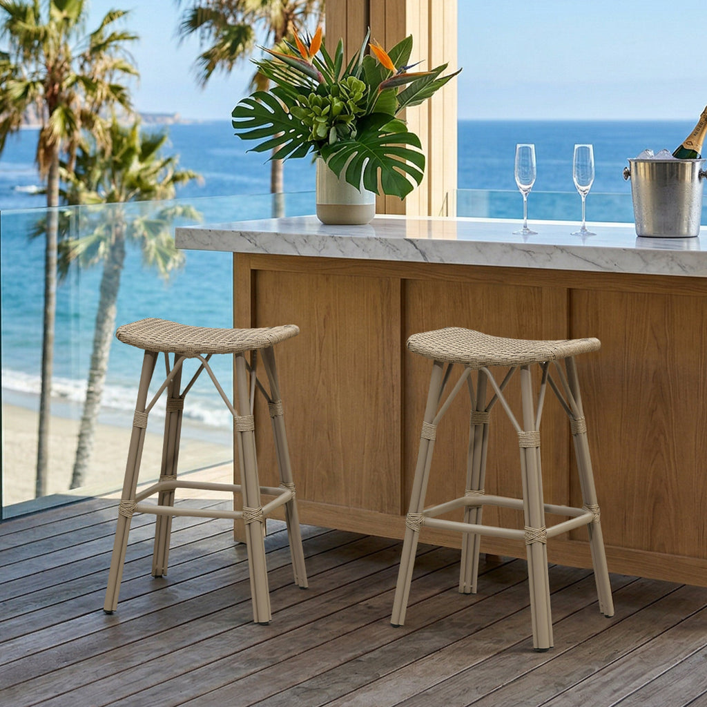 PURPLE LEAF Outdoor Bar Stools Set of 2 Backless Rattan Barstools with Saddle Seat and Footrest All Weather Aluminum Bar Chairs for Patio Kitchen Island Pool Balcony
