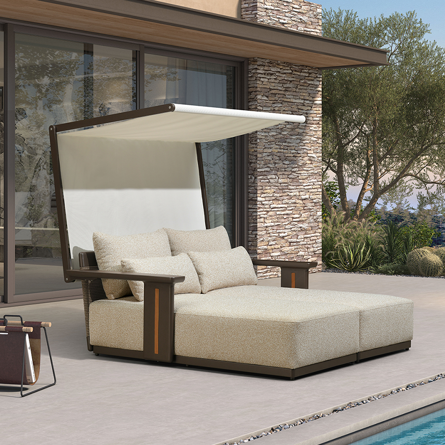 PURPLE LEAF Luxury Double Chaise Lounge Chair Outdoor Premium Aluminum Lounger with Teak Trim Armrest and 4 Pillows Modern Daybed with Textilene Canpoy for Pool Backyard Deck Garden