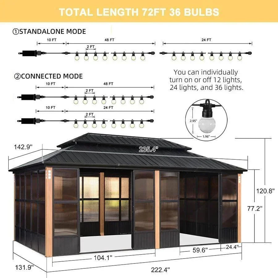 PURPLE LEAF Sunroom Hardtop Gazebo with Wood Grain Columns Black Frame Double Roof Galvanized Steel Solarium All-Weather Screen House with String Lights