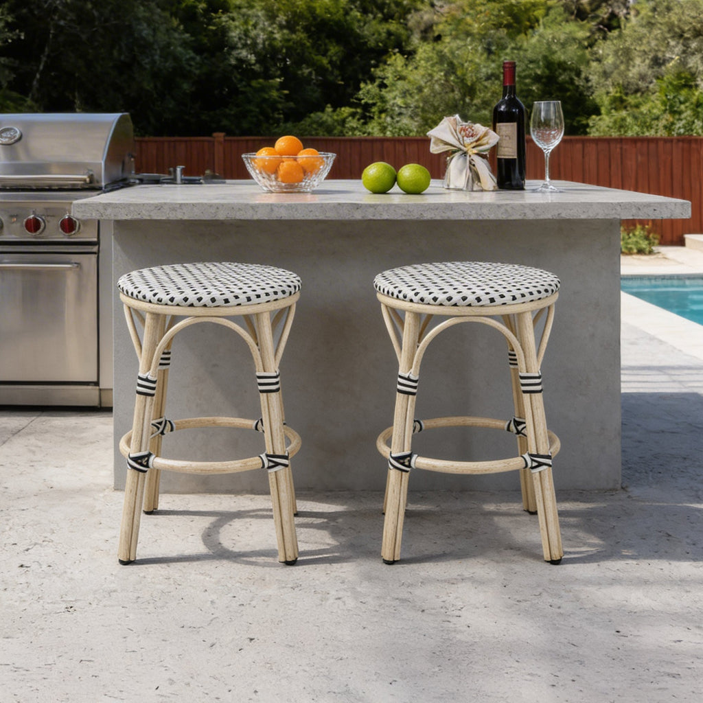PURPLE LEAF Patio French Round Counter Stool Set of 2 Rattan Backless Stackable Barstools Aluminum Frame Footrest with Woven Wicker for Outdoor Kitchen Yard