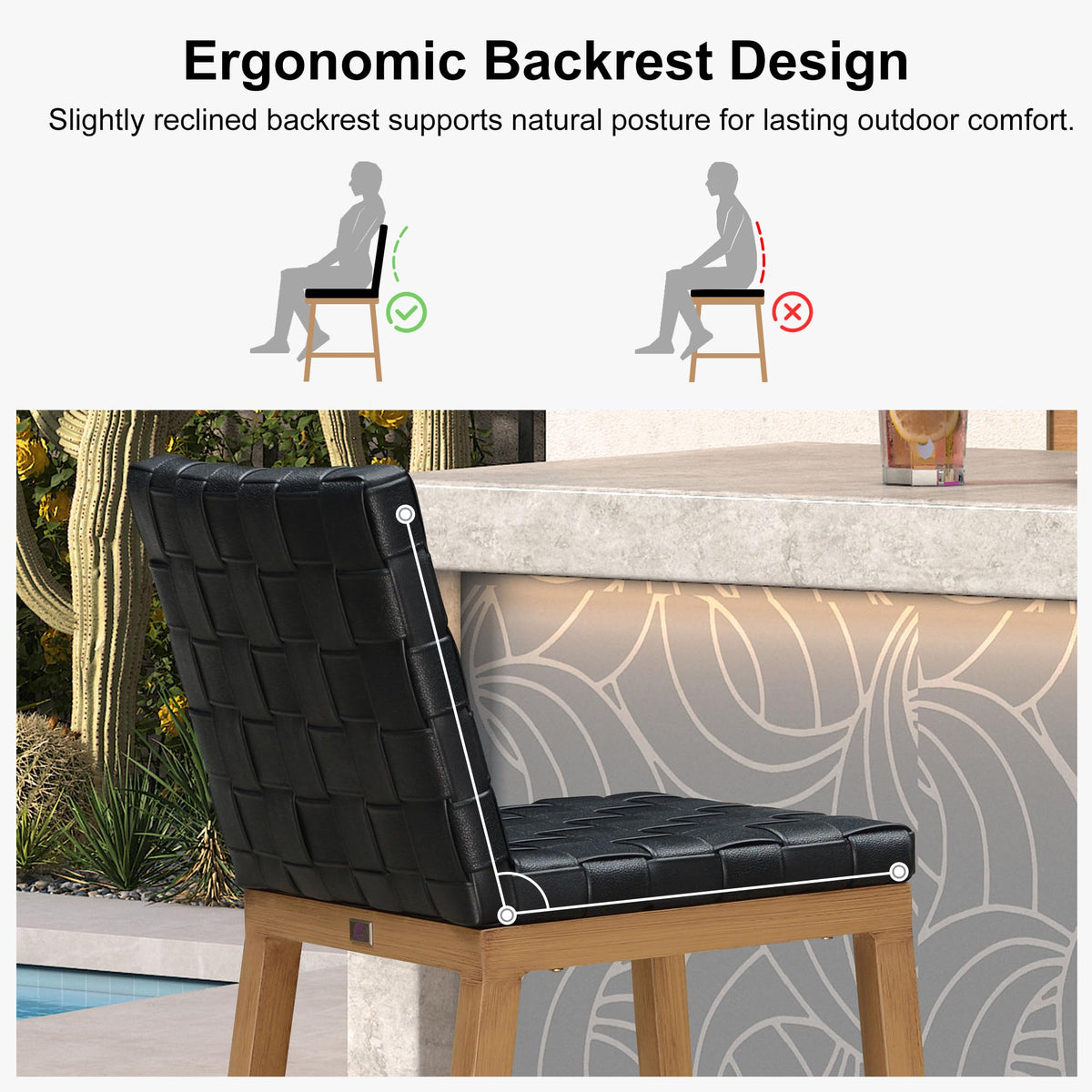 PURPLE LEAF Outdoor Counter Height Stools Set of 2, PU Leather Patio Bar Set with Aluminum Frame, Bar Chairs for Poolside, Garden, Kitchen Island