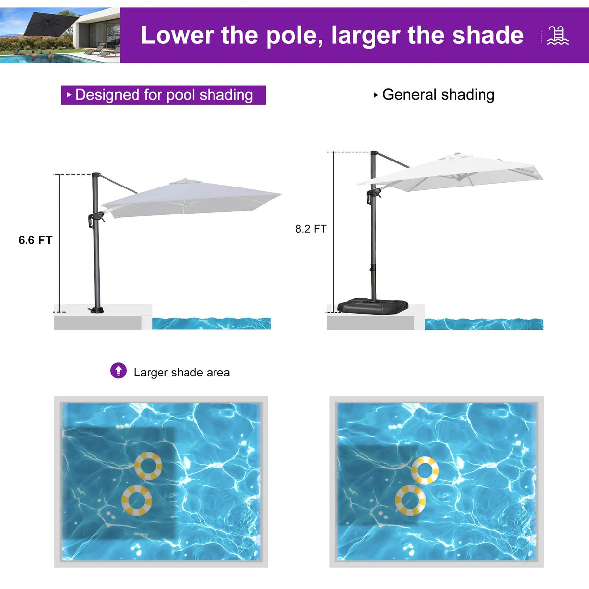 PURPLE LEAF Pool Umbrella Outdoor Cantilever Umbrella with In-ground Base