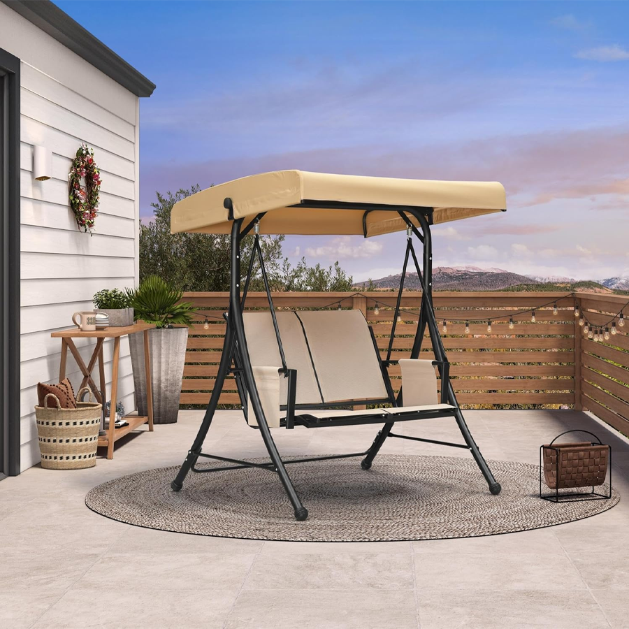 PURPLE LEAF Porch Swing with Adjustable Tilt Canopy Patio Swing with Stand and Meatl Steel Frame All-Weather Outdoor Swing Chair Seat Space-Saving for Backyard Garden Deck