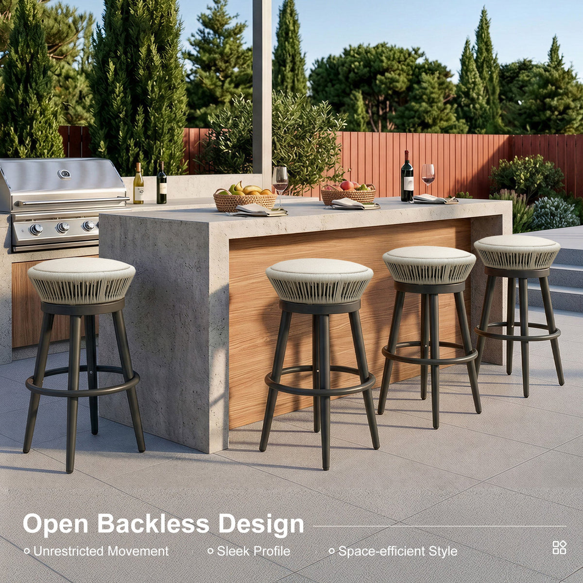 PURPLE LEAF Outdoor Swivel Bar Stools Set of 2 Metal Modern Rattan Bar Chairs with Backrest Aluminum Woven Barstools with Cushions