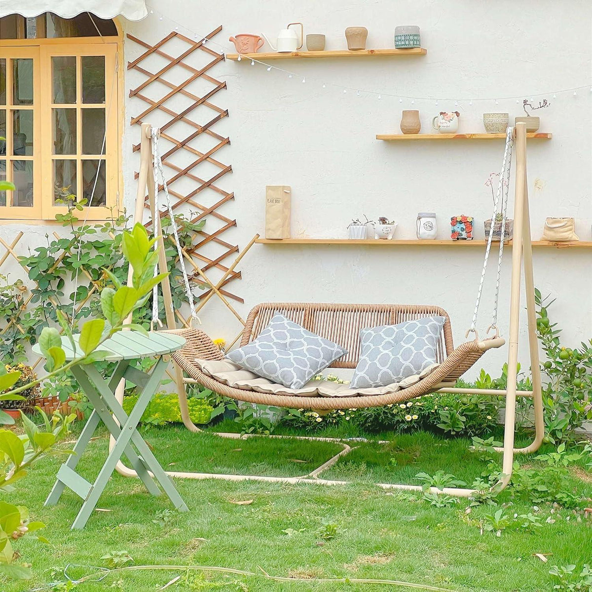 PURPLE LEAF Double Cloud Hanging Chair - Outdoor Patio Rattan Swing Chair with Cushion and Backrest.