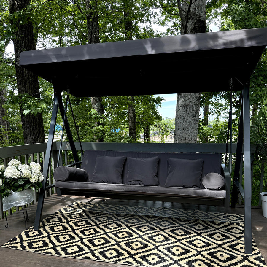 PURPLE LEAF Outdoor Patio Porch Swing Adjustable Backrest, 3-seat Swing Chair with Weather Resistant Steel Frame for Backyard ,Pillows Included