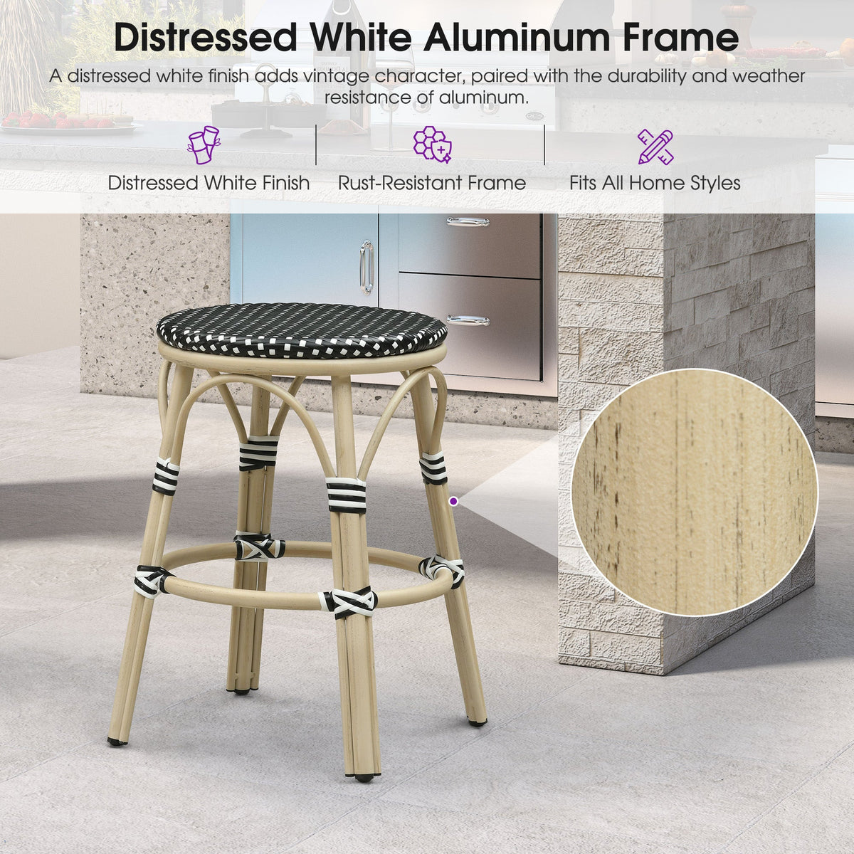 PURPLE LEAF Patio French Round Counter Stool Set of 2 Rattan Backless Stackable Barstools Aluminum Frame Footrest with Woven Wicker for Outdoor Kitchen Yard