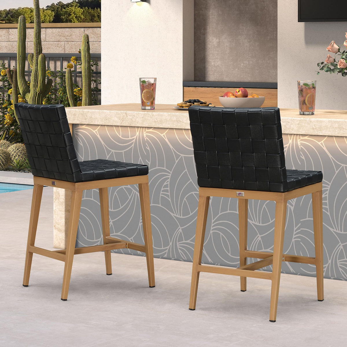 PURPLE LEAF Outdoor Counter Height Stools Set of 2, PU Leather Patio Bar Set with Aluminum Frame, Bar Chairs for Poolside, Garden, Kitchen Island
