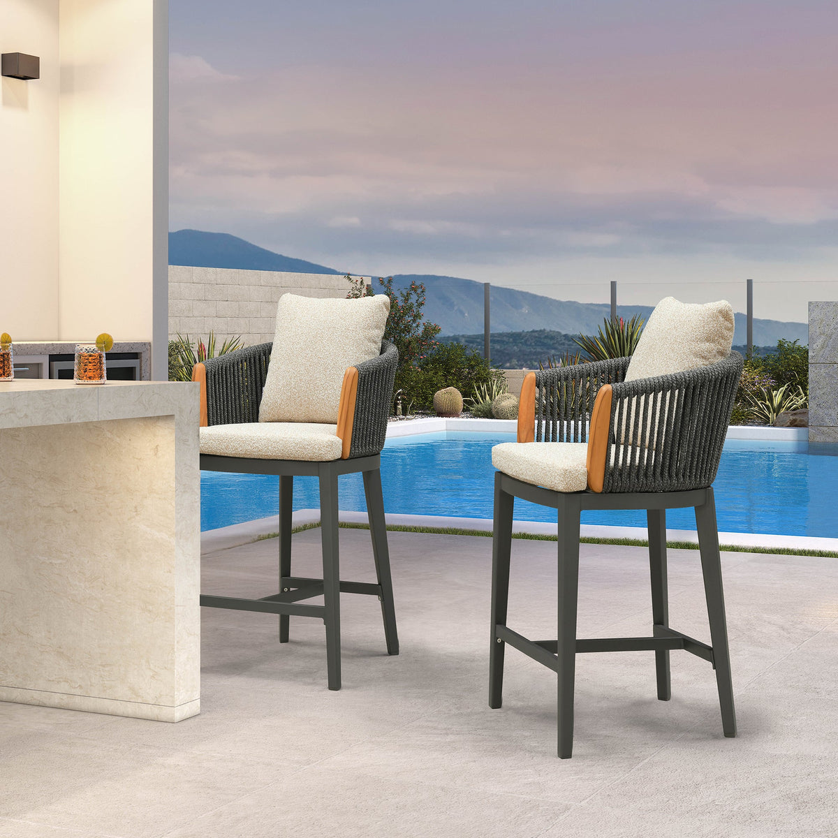 PURPLE LEAF Hailar Outdoor Bar Stools Chair Modern Rattan Bar Stool with Back and Cushion for Balcony, Indoor or Outdoor, Kitchen Island