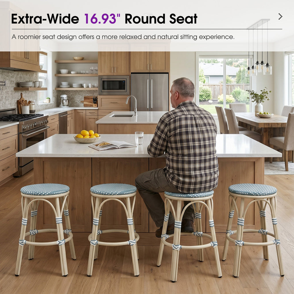 PURPLE LEAF Patio French Round Counter Stool Set of 2 Rattan Backless Stackable Barstools Aluminum Frame Footrest with Woven Wicker for Outdoor Kitchen Yard