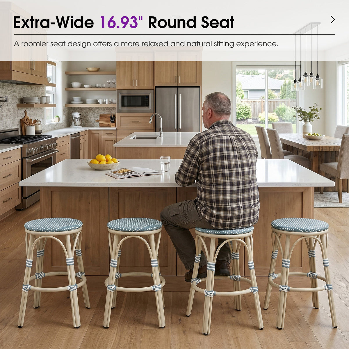 PURPLE LEAF Patio French Round Counter Stool Set of 2 Rattan Backless Stackable Barstools Aluminum Frame Footrest with Woven Wicker for Outdoor Kitchen Yard