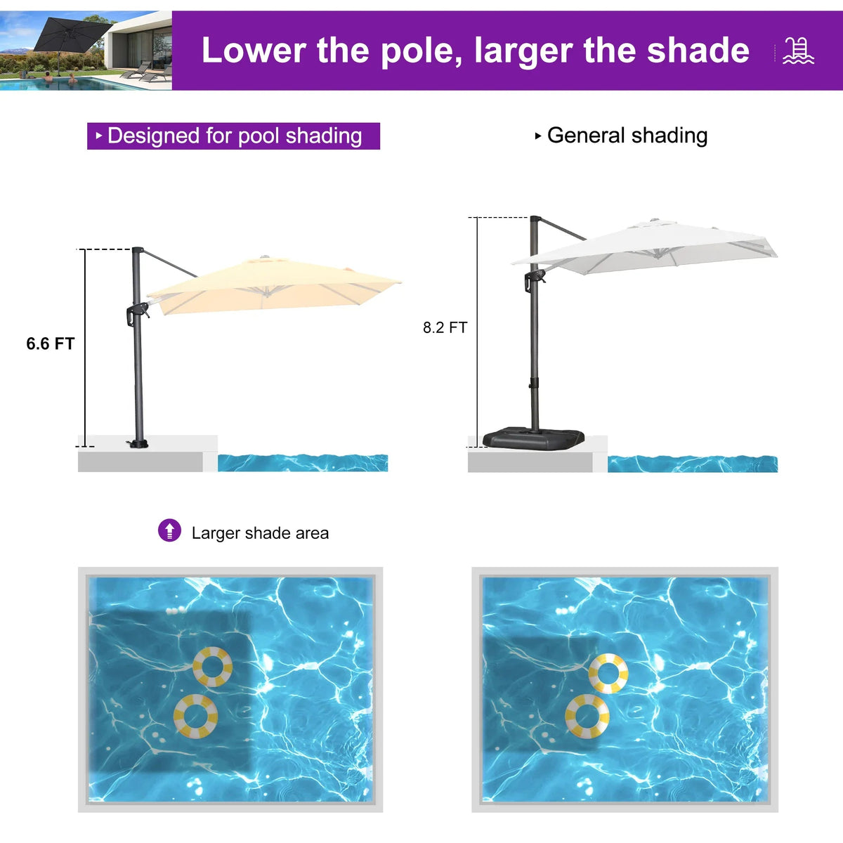 PURPLE LEAF Pool Umbrella Outdoor Cantilever Umbrella with In-ground Base