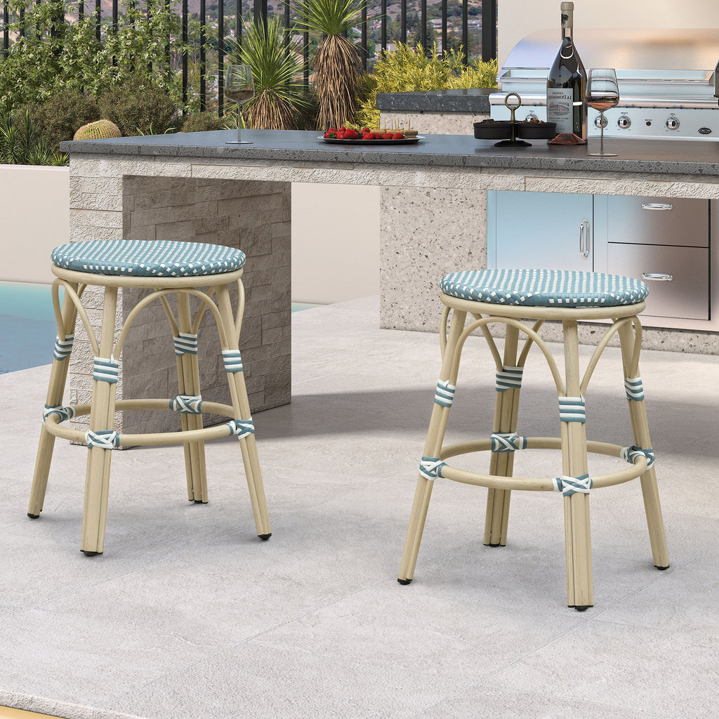 PURPLE LEAF Patio French Round Counter Stool Set of 2 Rattan Backless Stackable Barstools Aluminum Frame Footrest with Woven Wicker for Outdoor Kitchen Yard