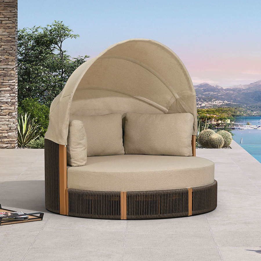 PURPLE LEAF Outdoor Round Daybed Chaise Lounge with Adjustable Canopy for Patio, Olefin fabric cover, thickened seat and back cushion, adjustable canopy, all weather aluminum frame, elegant wicker design