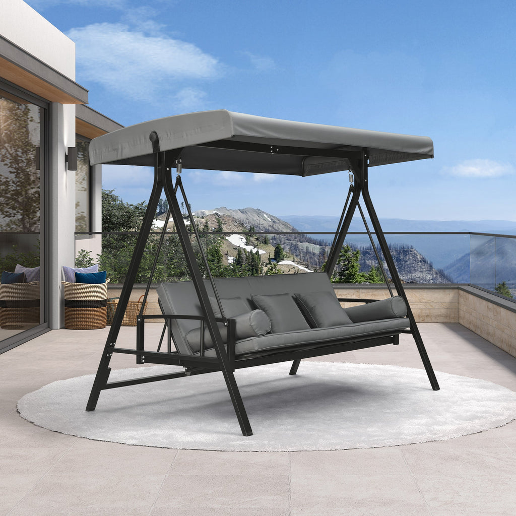 PURPLE LEAF Porch Swing with Adjustable Tilt Canopy Patio Swing with Stand and Meatl Steel Frame All-Weather Outdoor Swing Chair Seat Space-Saving for Backyard Garden Deck