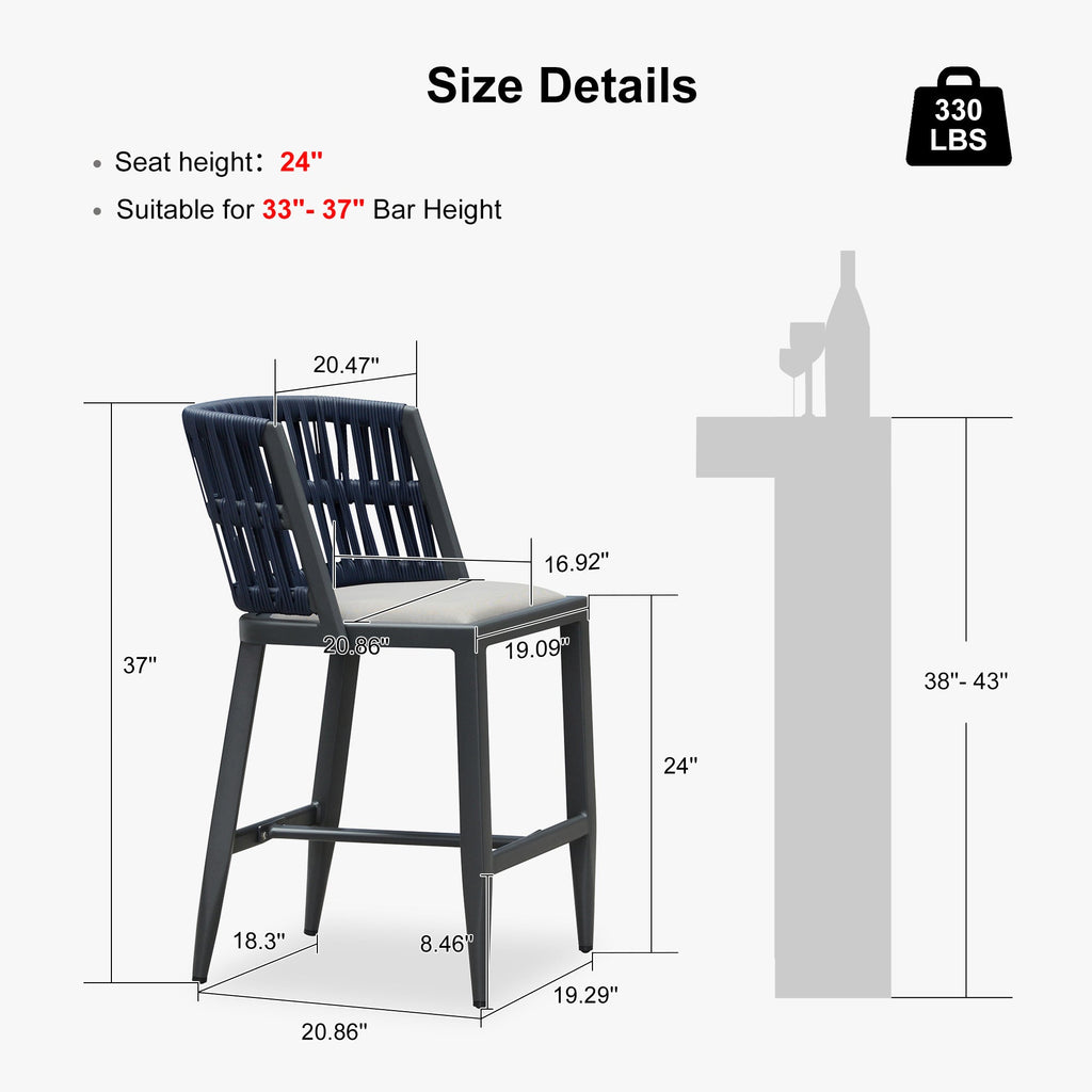 PURPLE LEAF Outdoor Bar Stools Set of 2 for Overweight Wicker Rattan Patio Barstools Woven Modern Bar Chairs with Backrest and Cushions for Garden Outside