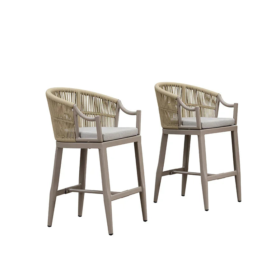 PURPLE LEAF Patio Bar Stools Set of 2 Outdoor Wicker Modern High Bar Chairs Metal Cushioned Barstools with Backs and Ergonomic Armrest