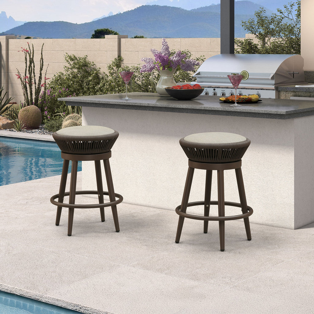 PURPLE LEAF Outdoor Swivel Bar Stools Set of 2 Metal Modern Rattan Bar Chairs with Backrest Aluminum Woven Barstools with Cushions