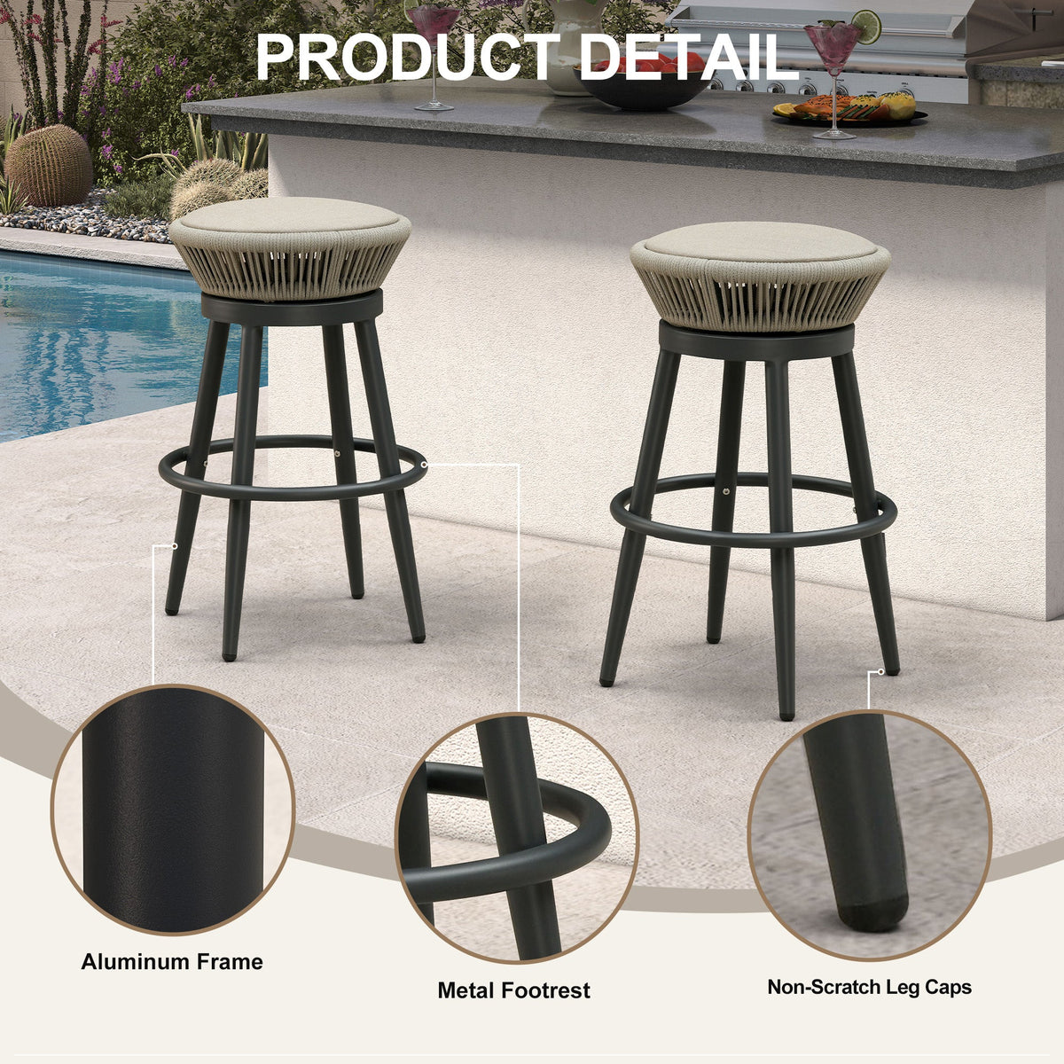 PURPLE LEAF Outdoor Swivel Bar Stools Set of 2 Metal Modern Rattan Bar Chairs with Backrest Aluminum Woven Barstools with Cushions