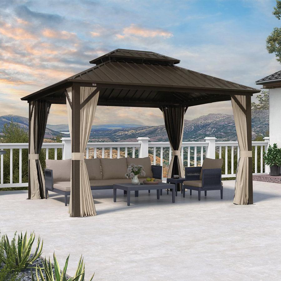 PURPLE LEAF Hardtop Gazebo Featuring Galvanized Steel Double Roof and Bronze Aluminum Frame with Curtains and Netting for Patio and Poolside
