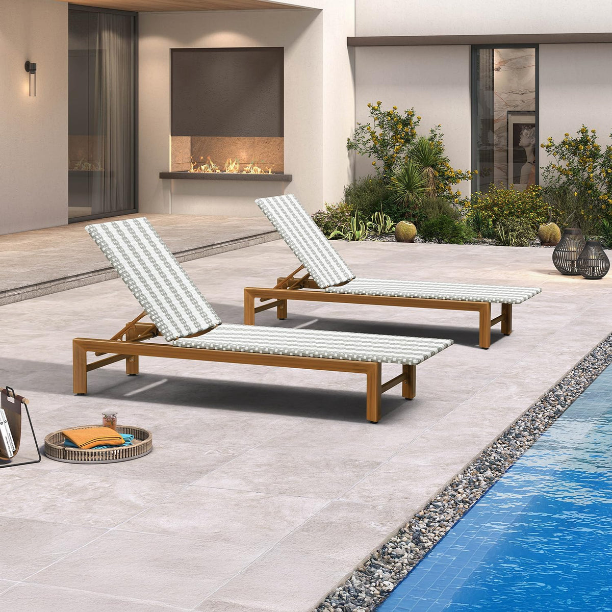 PURPLE LEAF Outdoor Teak Chaise Lounge Chair, Wood Grain Aluminum Outdoor Pool Lounge Chairs with Adjustable Backrest, Breathable Recliner for Patio, Poolside, Garden