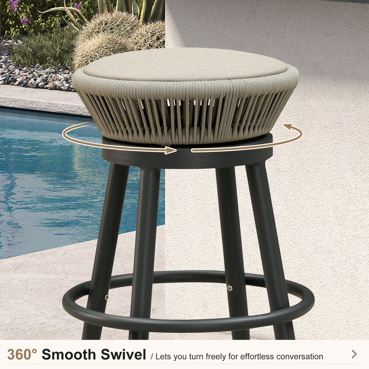 PURPLE LEAF Outdoor Swivel Bar Stools Set of 2 Metal Modern Rattan Bar Chairs with Backrest Aluminum Woven Barstools with Cushions