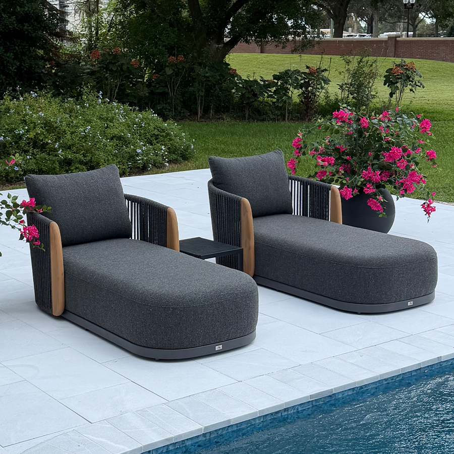 PURPLE LEAF Luxury  Hailar Olefin Patio Chaise Lounge Chair , Upholstered Pool Aluminium Lounge Chairs for Outdoor with Teak Armres for Deck, Pool, Lawn, Garden, Courtyard, Porch