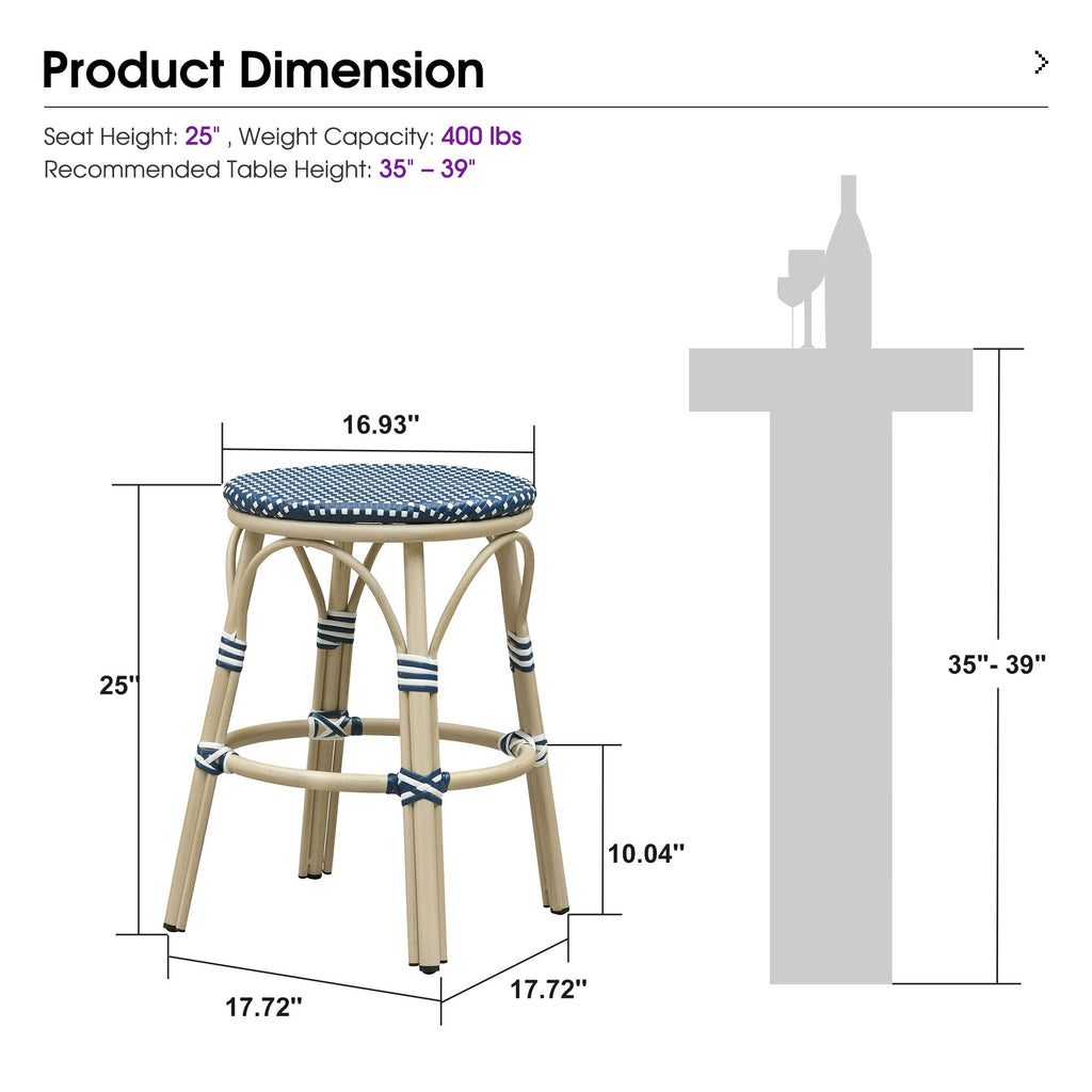 PURPLE LEAF Patio French Round Counter Stool Set of 2 Rattan Backless Stackable Barstools Aluminum Frame Footrest with Woven Wicker for Outdoor Kitchen Yard