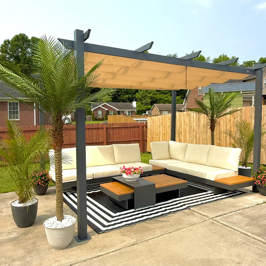 PURPLE LEAF Outdoor Retractable Pergola with Sun Shade Canopy Patio Aluminum Pergola With Curtains