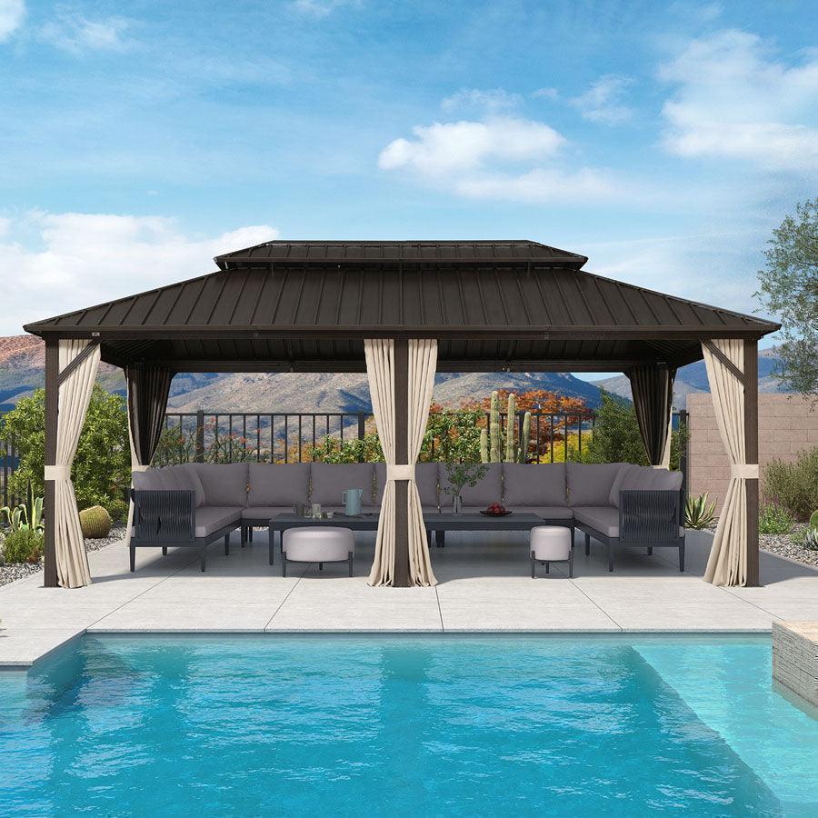 PURPLE LEAF Hardtop Gazebo Featuring Galvanized Steel Double Roof and Bronze Aluminum Frame with Curtains and Netting for Poolside with Lights-clear