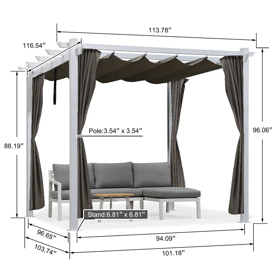 PURPLE LEAF Outdoor Retractable Pergola with Sun Shade Canopy Cover White Patio Metal Shelter for Garden With Curtains