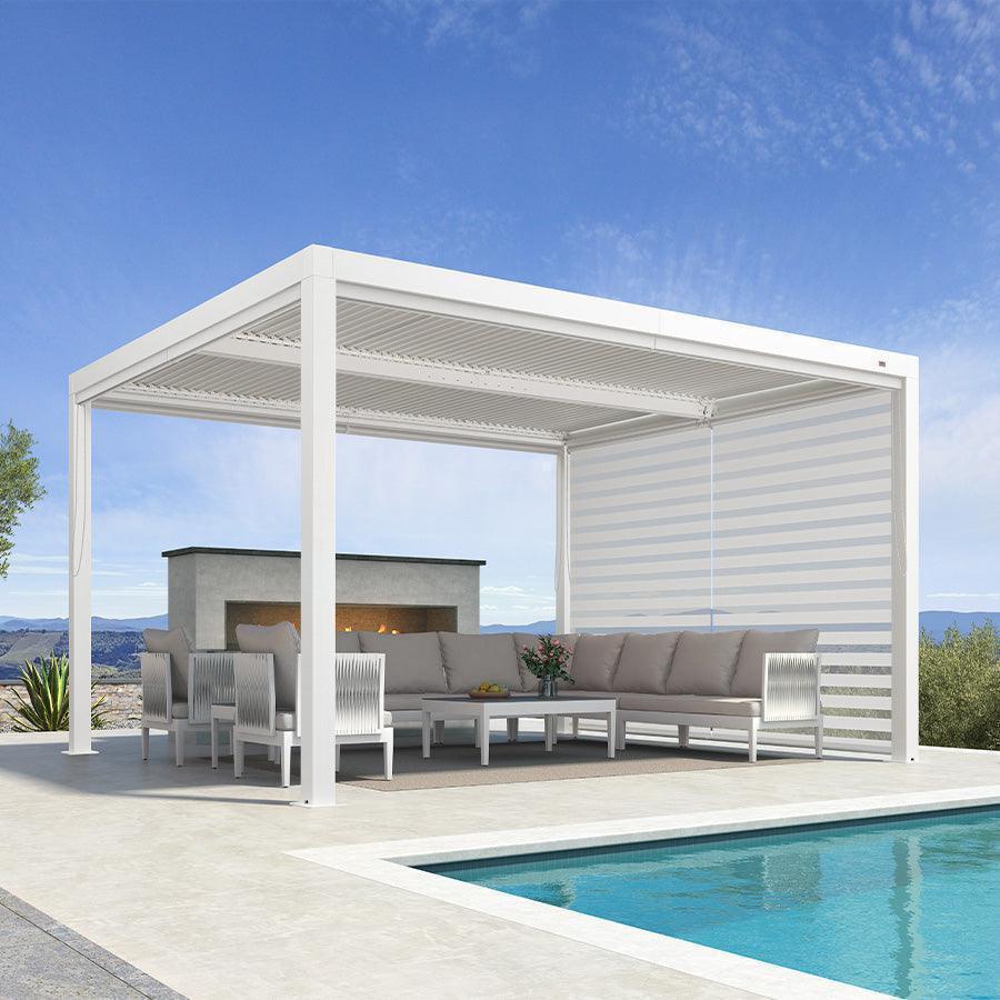 PURPLE LEAF Athena Louvered Pergola White Outdoor Aluminum Pergola with Roller Blind Adjustable Gazebo for Patio Deck Garden