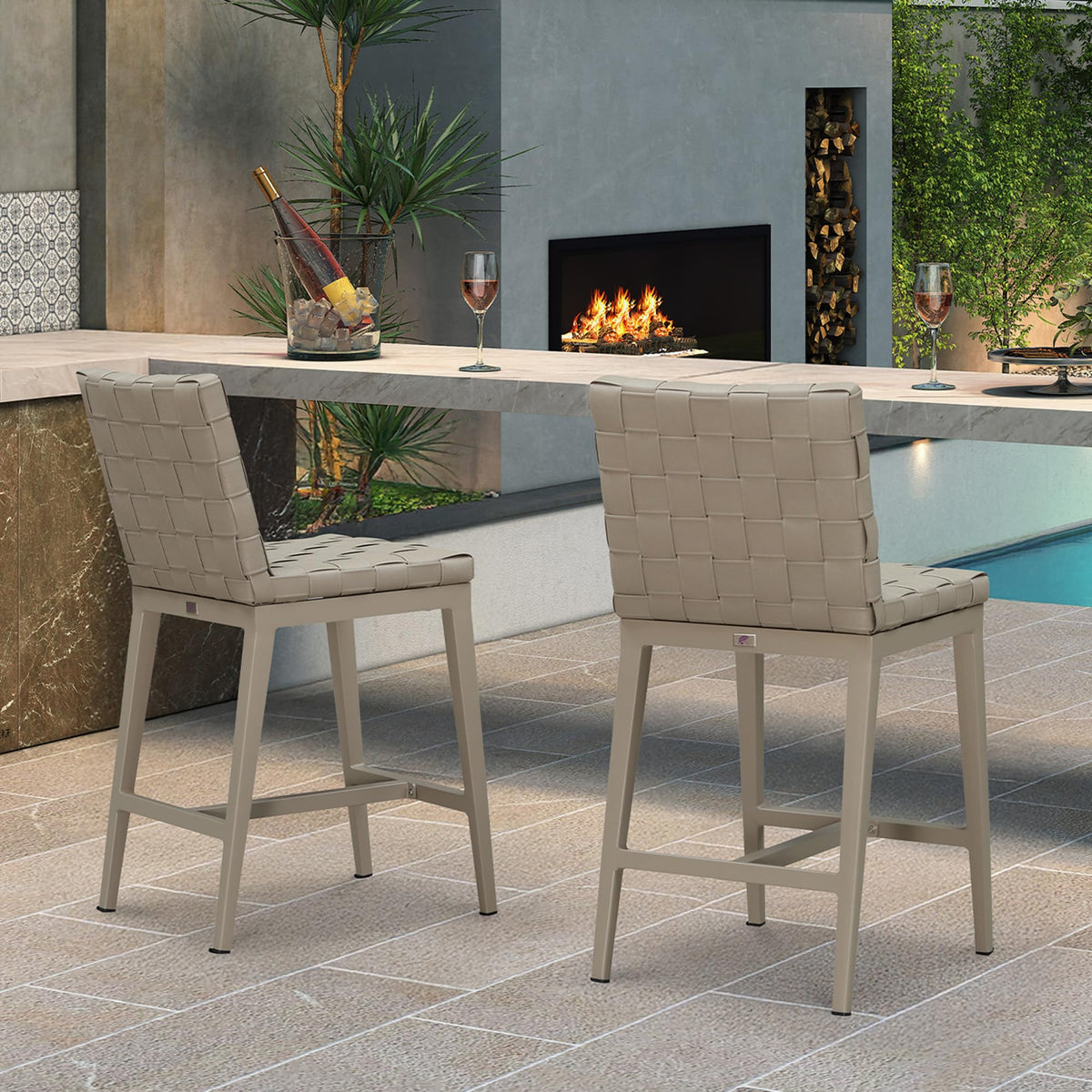 PURPLE LEAF Outdoor Counter Height Stools Set of 2, PU Leather Patio Bar Set with Aluminum Frame, Bar Chairs for Poolside, Garden, Kitchen Island
