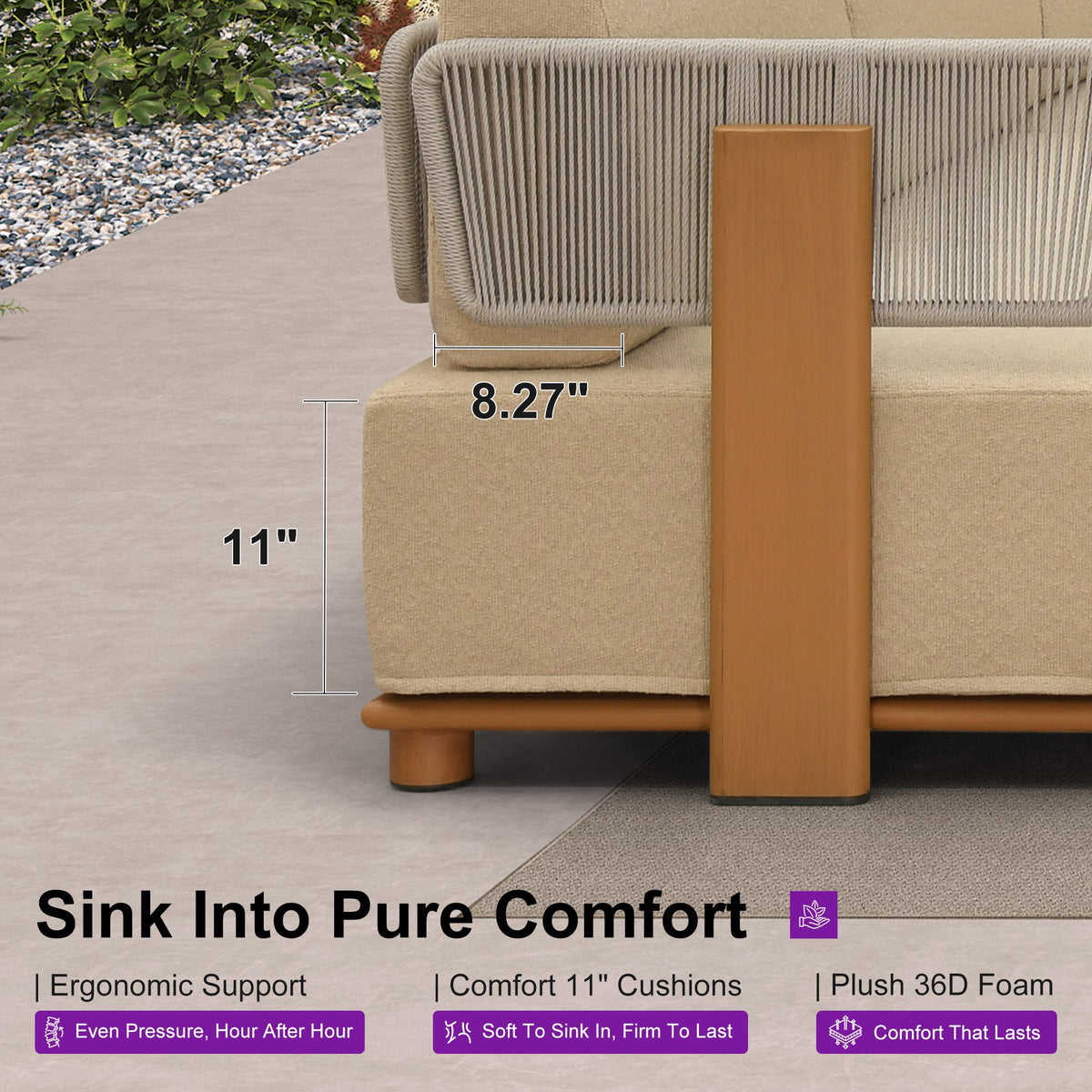 PURPLE LEAF Breck L-Shaped with table Modular Outdoor Sectional with Wood-Grain Aluminum Frame and Thick Teak-Colored Cushions for Luxury Backyard Lounge