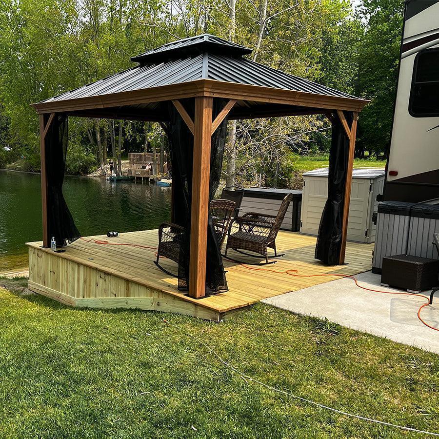 PURPLE LEAF Hardtop Gazebo for Patio Wood Grain Aluminum Frame Awning with Netting